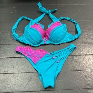 Beach Bunny Turquoise & Pink Lace Bikini Set